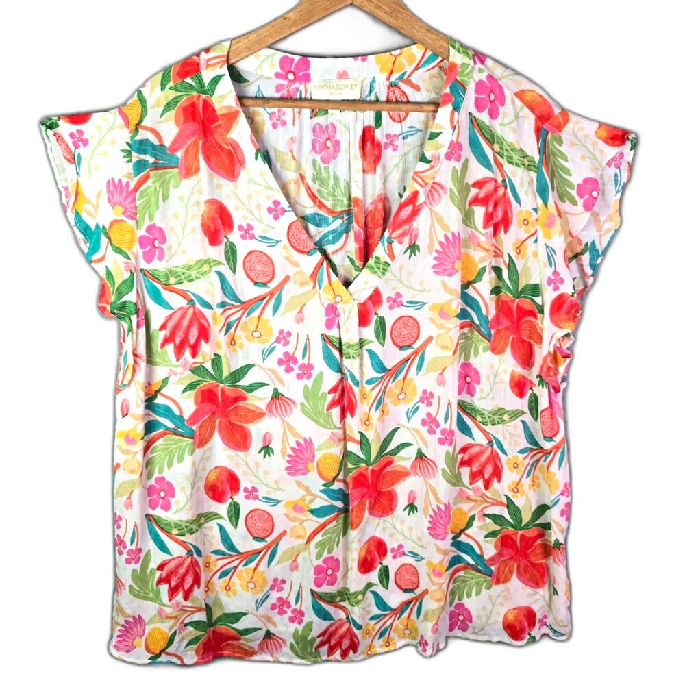 Cynthia Rowley Woman Blouse Tropical Floral 2X Flutter Sleeve Rayon